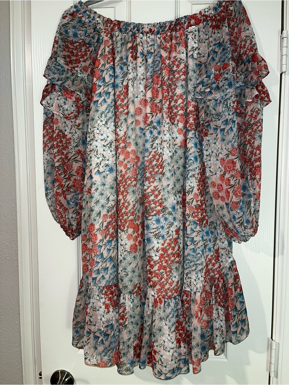 Fate Womens Floral Off-Shoulder Dress in Coral and Blue